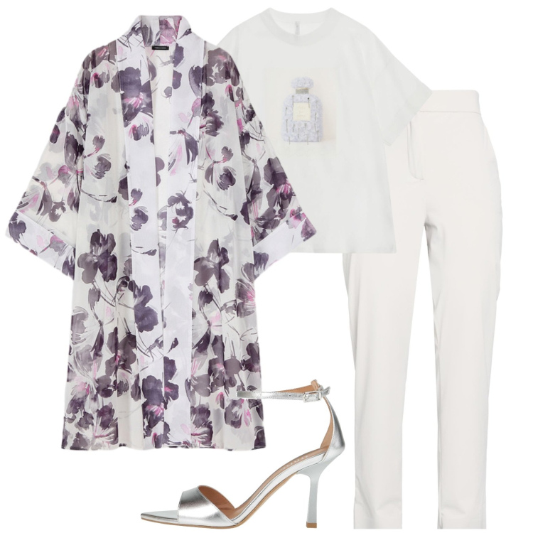 Outfit donna - Aperitivo con le ragazze. Stile Glamour per Serata fuori. Abbinamento con pantaloni, sandali in pelle, t-shirt, caftani.