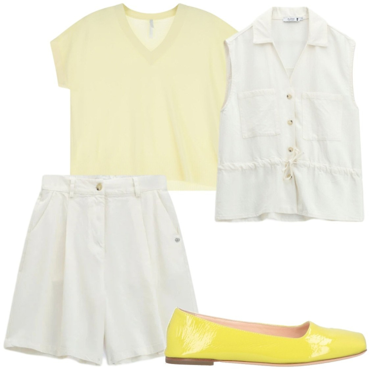 Outfit donna - Solare. Stile Casual chic per Tutti i giorni. Abbinamento con ballerine, t-shirt, gilet, bermuda.