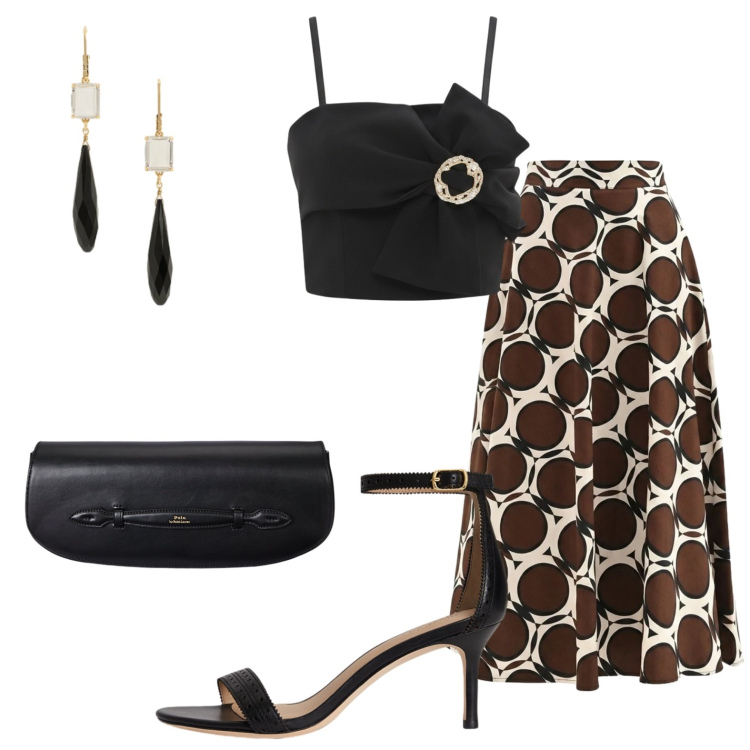 Outfit donna - Matrimonio in terrazza. Stile Glamour per Cerimonia. Abbinamento con gonne lunghe, top, sandali in pelle, clutch, orecchini.