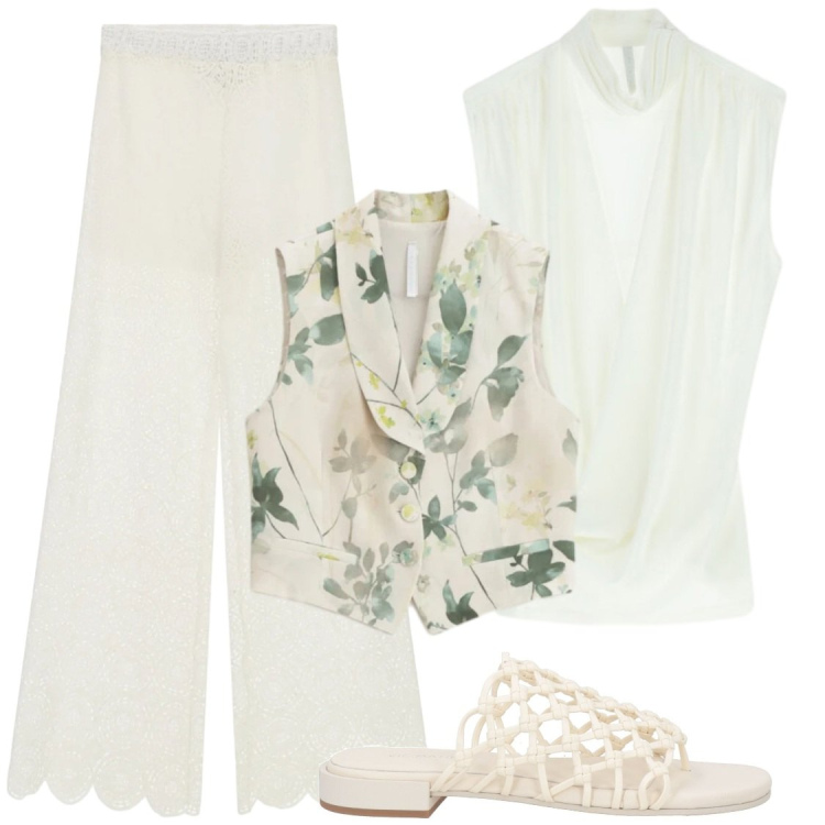 Outfit donna - Vacanze. Stile Chic per Serata fuori. Abbinamento con ciabatte, top, gilet, pantaloni a palazzo.