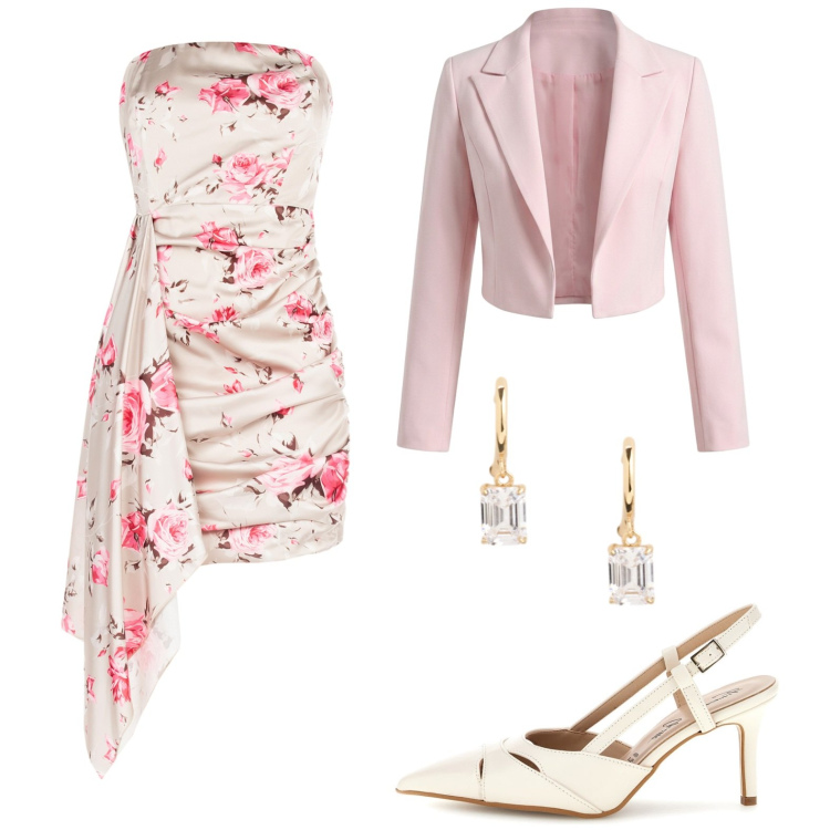 Outfit donna - Giovane invitata. Stile Romantica per Cerimonia. Abbinamento con vestiti corti, bolero, orecchini, décolleté.