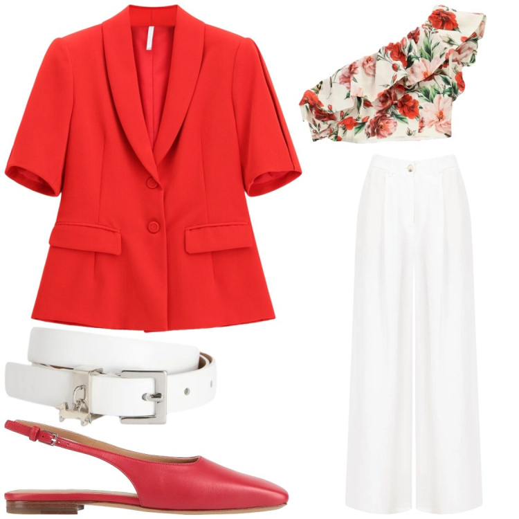 Outfit donna - Rosso e fiori. Stile Glamour per Serata fuori. Abbinamento con ballerine, pantaloni a palazzo, blazer, top, cinture.