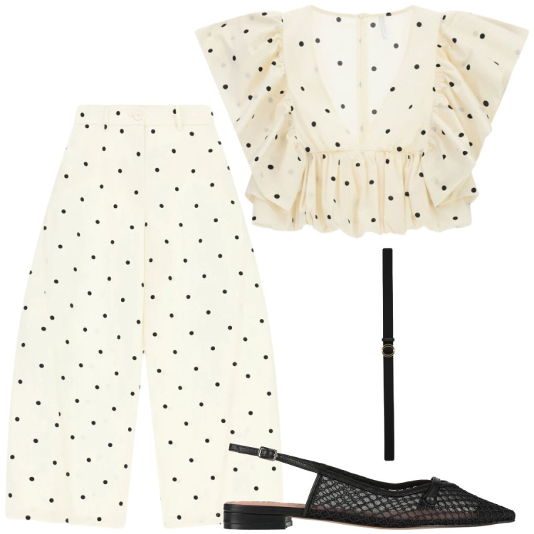 Outfit donna - Pois. Stile Chic per Serata fuori. Abbinamento con ballerine, cinture, pantaloni, top.