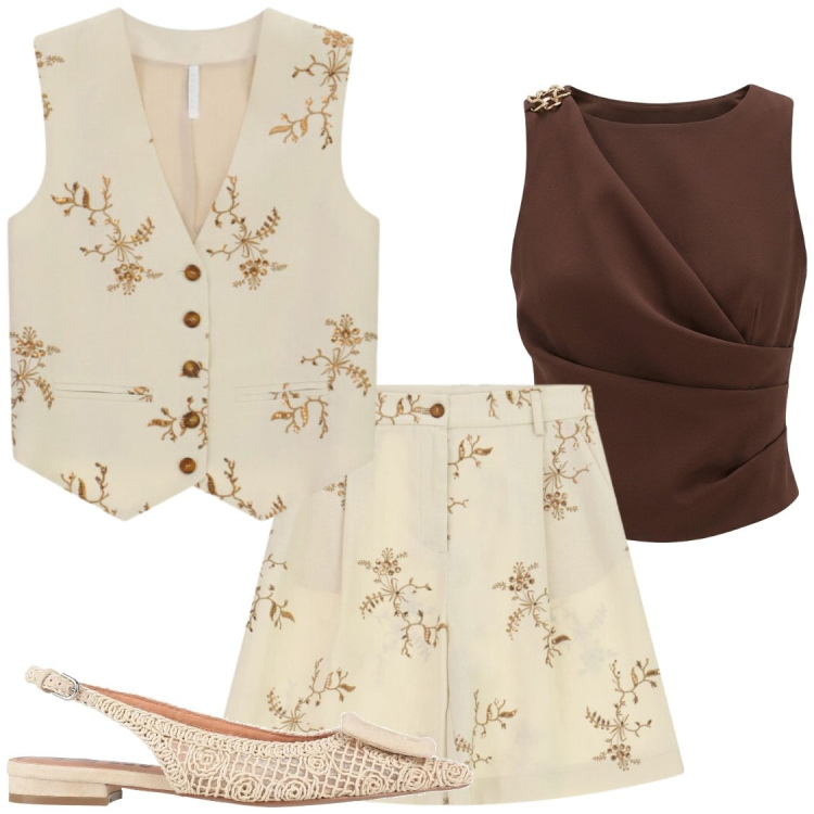 Outfit donna - Gilet. Stile Chic per Serata fuori. Abbinamento con ballerine, top, bermuda, gilet.