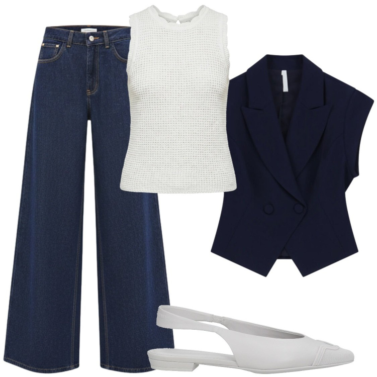 Outfit donna - Gliet. Stile Chic per Ufficio. Abbinamento con ballerine, canottiere, jeans, gilet.