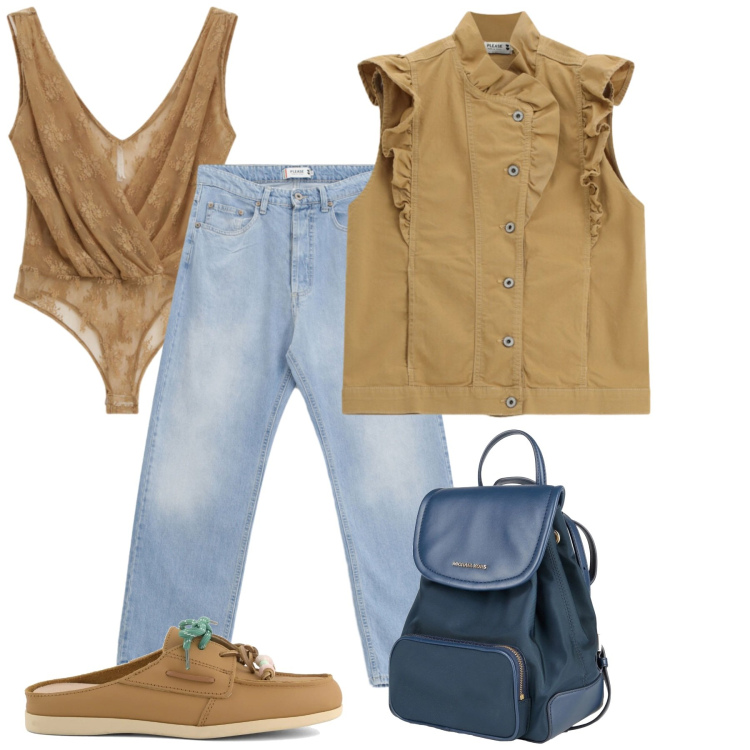 Outfit donna - Maggio. Stile Bon Ton per Tutti i giorni. Abbinamento con zaini, top, gilet, jeans, sabot.