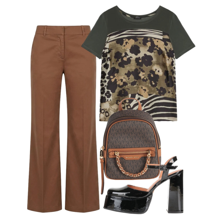 Outfit donna - Maggio. Stile Bon Ton per Tutti i giorni. Abbinamento con décolleté, zaini, pantaloni, t-shirt.