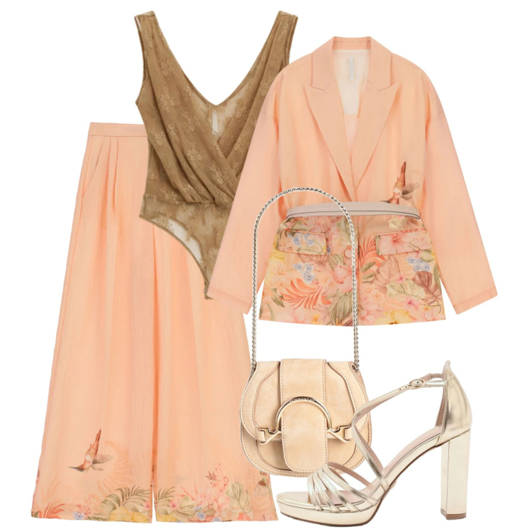 Outfit donna - Cerimonia albicocca. Stile Chic per Cerimonia. Abbinamento con marsupi, sandali col tacco, blazer, pantaloni a palazzo, top.