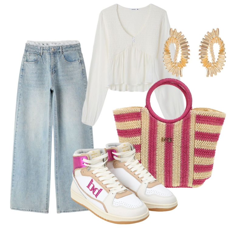Outfit donna - Total look #2407264. Stile Casual per Tutti i giorni. Abbinamento con bluse, jeans, sneakers alte, orecchini, borse a mano.