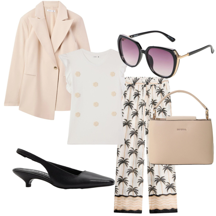 Outfit donna - Bilanciata. Stile Urban per Ufficio. Abbinamento con pantaloni a palazzo, décolleté, occhiali da sole, blazer, t-shirt, borse a secchiello.