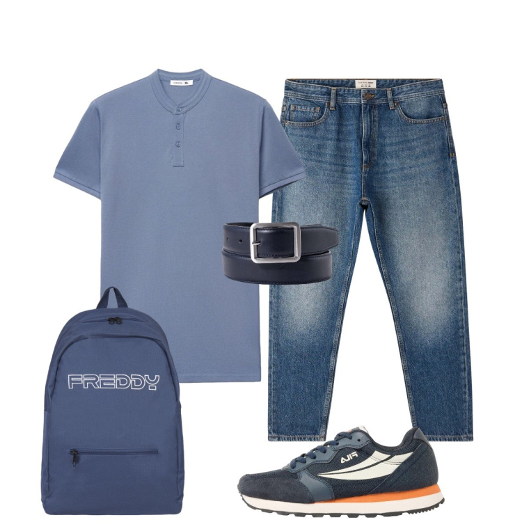 Outfit uomo - Maggio. Stile Casual per Ufficio. Abbinamento con sneakers, jeans, polo, borse sportive, cinture.