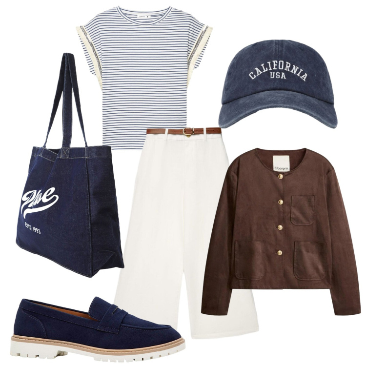 Outfit donna - Restyling. Stile Trendy per Ufficio. Abbinamento con blazer, mocassini, pantaloni a palazzo, cappelli con visiera, t-shirt, shopping bag.