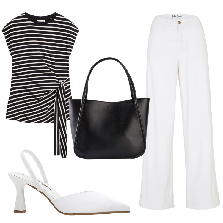 Outfit donna - Crociera. Stile Casual chic per Tutti i giorni. Abbinamento con maglieria, jeans, shopping bag, décolleté.