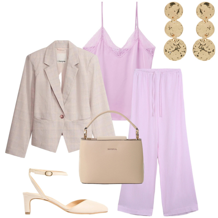 Outfit donna - Total look #2407271. Stile Chic per Cerimonia. Abbinamento con décolleté, blazer, canottiere, pantaloni, borse a secchiello, orecchini.