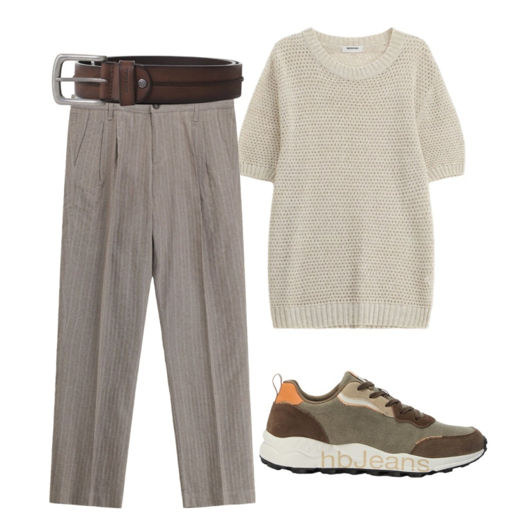 Outfit uomo - Serata di maggio con gli amici. Stile Trendy per Serata speciale. Abbinamento con pantaloni, maglieria, cinture, sneakers.