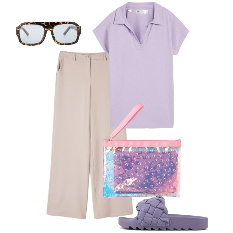 Outfit donna - Malva e glicine: i colori che mi fanno p. Stile Bon Ton per Tutti i giorni. Abbinamento con maglieria, pantaloni, pochette, occhiali da sole, ciabatte.