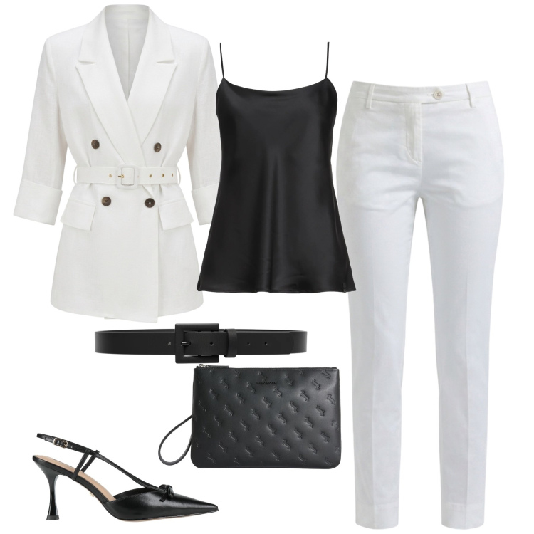 Outfit donna - two-tone simplicity. Stile Casual chic per Ufficio. Abbinamento con top, décolleté, cinture, blazer, pantaloni, anelli.