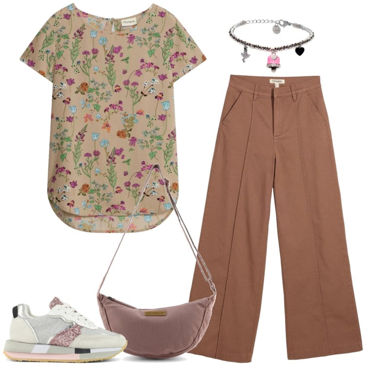 Outfit donna - La blusa a fiori. Stile Casual per Tutti i giorni. Abbinamento con bluse, pantaloni, braccialetti, sneakers, borse a tracolla.