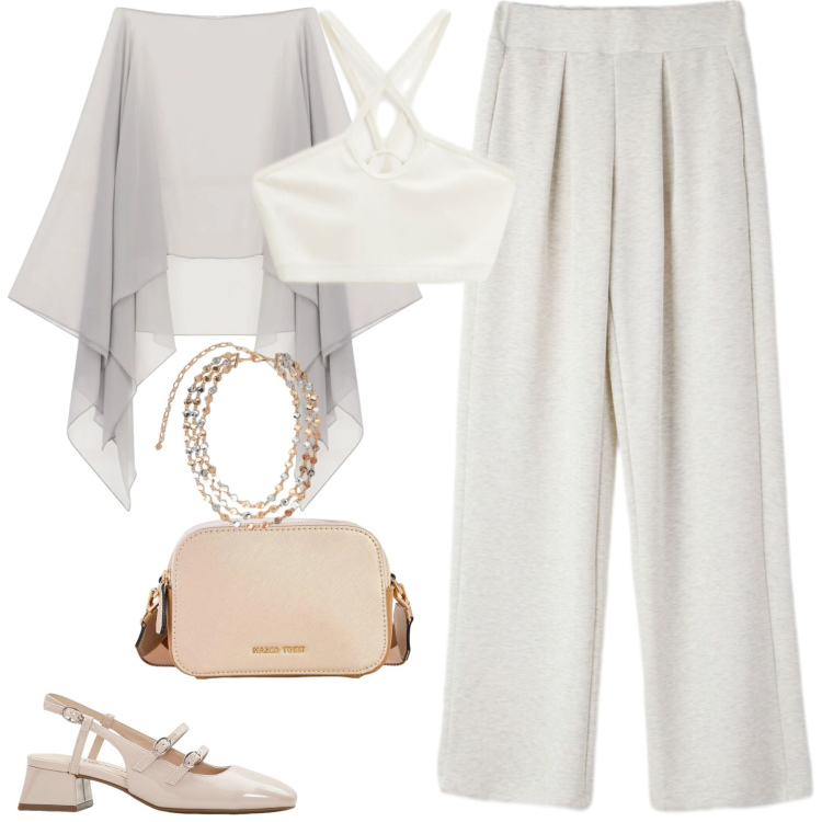 Outfit donna - Un tono di polvere. Stile Chic per Tutti i giorni. Abbinamento con borse a tracolla, décolleté, pantaloni, top, cappe, collane.
