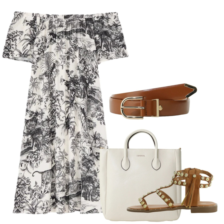 Outfit donna - Stampe che raccontano - Focus Donna Curv. Stile Romantica per Tutti i giorni. Abbinamento con sandali, cinture, borse a tracolla, vestiti corti.