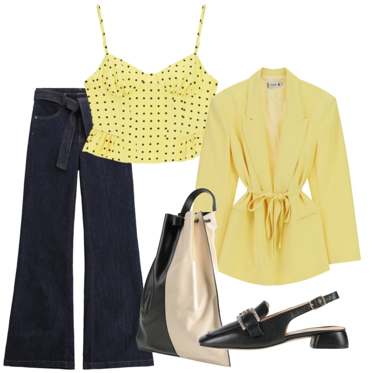 Outfit donna - Maggio. Stile Bon Ton per Ufficio. Abbinamento con décolleté, zaini, canottiere, jeans a zampa, blazer.