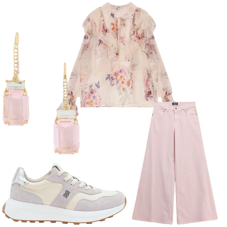 Outfit donna - Confetto. Stile Bon Ton per Tutti i giorni. Abbinamento con sneakers, jeans, bluse, orecchini.