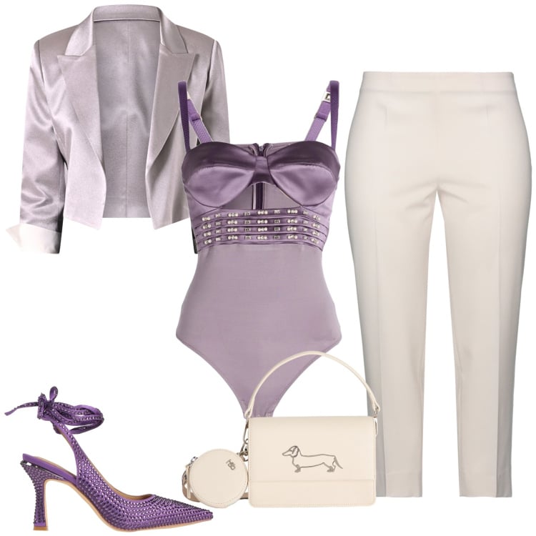 Outfit donna - flowers are mauve. Stile Sexy per Serata fuori. Abbinamento con body, décolleté, pantaloni, bolero, borse a tracolla.