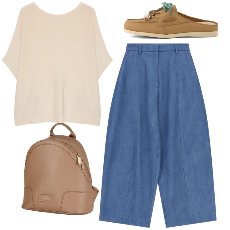 Outfit donna - Total look. Stile Basic per Tutti i giorni. Abbinamento con zaini, jeans, t-shirt, sabot.