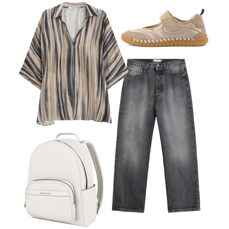 Outfit donna - Total look. Stile Casual per Tutti i giorni. Abbinamento con zaini, camicie, jeans, ballerine.