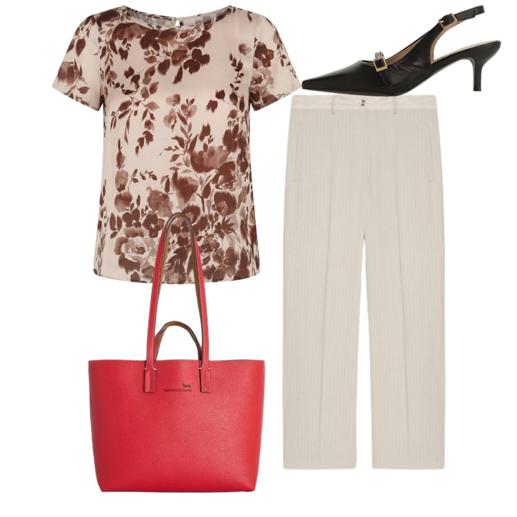 Outfit donna - Total look. Stile Bon Ton per Tutti i giorni. Abbinamento con bluse, sandali col tacco, shopping bag, pantaloni.