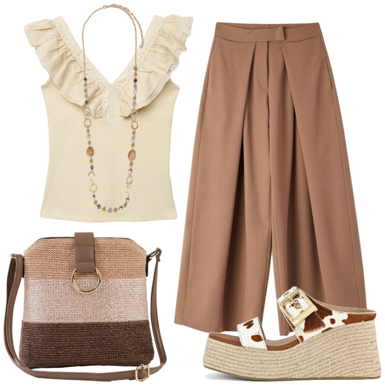 Outfit donna - Sovrapposizione di neutri. Stile Casual chic per Tutti i giorni. Abbinamento con borse a tracolla, canottiere, pantaloni, collane, zeppe.