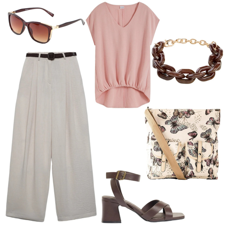 Outfit donna - Quiet dress. Stile Basic per Tutti i giorni. Abbinamento con top, borse a tracolla, sandali col tacco, braccialetti, occhiali da sole, pantaloni.