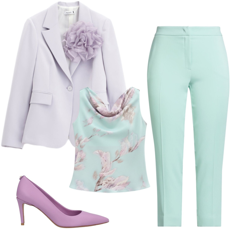 Outfit donna - Glicine stile. Stile Casual chic per Ufficio. Abbinamento con pantaloni, décolleté, top, blazer.