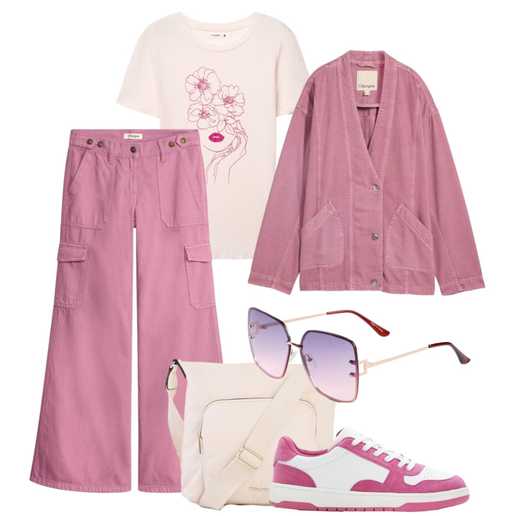 Outfit donna - Malva casual - @unavitatralenuvole. Stile Casual per Tutti i giorni. Abbinamento con pantaloni cargo, blazer, occhiali da sole, sneakers, borse a tracolla, t-shirt.