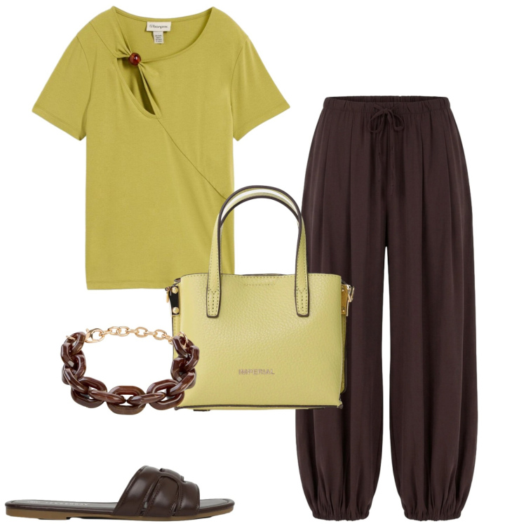 Outfit donna - Maggio. Stile Casual per Tutti i giorni. Abbinamento con braccialetti, t-shirt, pantaloni, ciabatte, borse a tracolla.