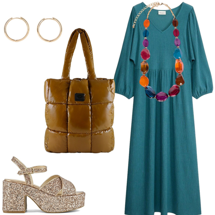 Outfit donna - Un pomeriggio all\'aria aperta. Stile Casual per Tutti i giorni. Abbinamento con vestiti midi/longuette, orecchini, collane, shopping bag, sandali.