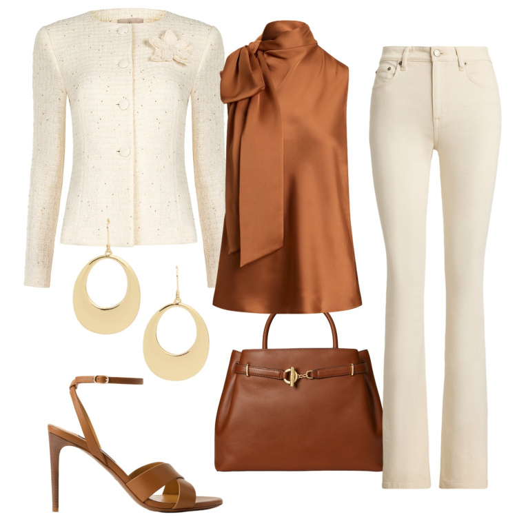 Outfit donna - Simple stile. Stile Casual chic per Ufficio. Abbinamento con blazer, bluse, jeans bootcut, borse a mano, sandali col tacco, orecchini.