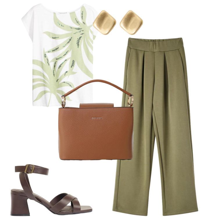 Outfit donna - In ufficio. Stile Urban per Ufficio. Abbinamento con t-shirt, sandali col tacco, pantaloni, orecchini, borse a secchiello.