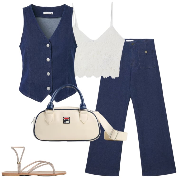 Outfit donna - Total look #2407313. Stile Casual per Tutti i giorni. Abbinamento con borse a tracolla, gilet, jeans, top, sandali.