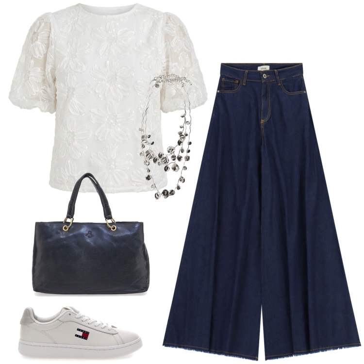 Outfit donna - white and blue jeans. Stile Casual per Tutti i giorni. Abbinamento con bluse, jeans, collane, borse a mano, sneakers.