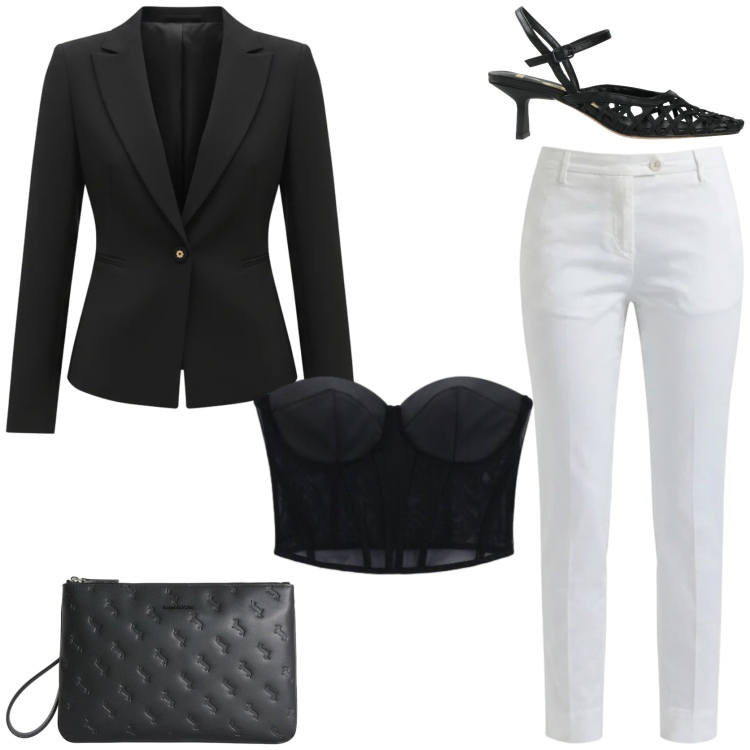 Outfit donna - Bianco e nero mix vincente. Stile Chic per Tutti i giorni. Abbinamento con décolleté, blazer, top, pantaloni, anelli.