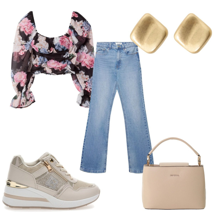 Outfit donna - Blusa + jeans - Y2K. Stile Trendy per Tutti i giorni. Abbinamento con jeans bootcut, bluse, borse a secchiello, orecchini, sneakers.
