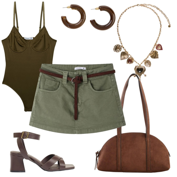 Outfit donna - Etnochic. Stile Etnico per Serata fuori. Abbinamento con sandali col tacco, orecchini, borse a tracolla, minigonne, top, collane.