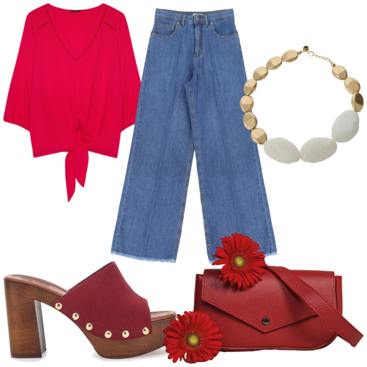 Outfit donna - Blusa + jeans - trendy. Stile Trendy per Tutti i giorni. Abbinamento con borse a tracolla, collane, jeans, bluse, zoccoli.