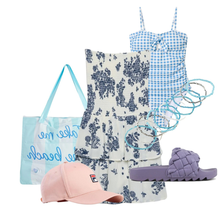 Outfit donna - Total look #2407323. Stile Casual per Mare. Abbinamento con braccialetti, cappelli con visiera, costumi interi, vestiti corti, borse tote, ciabatte.