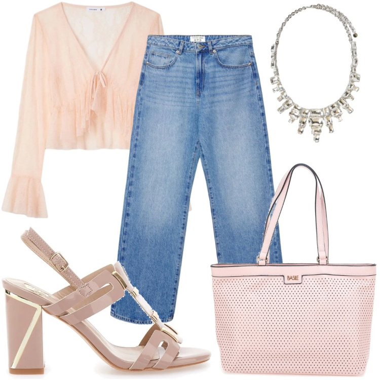 Outfit donna - Blusa + jeans- romantica. Stile Romantica per Tutti i giorni. Abbinamento con jeans dritti, bluse, collane, borse a spalla, sandali col tacco.