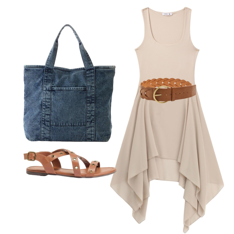 Outfit donna - Maggio. Stile Basic per Tutti i giorni. Abbinamento con shopping bag, sandali, cinture, canottiere, shorts, cappe.