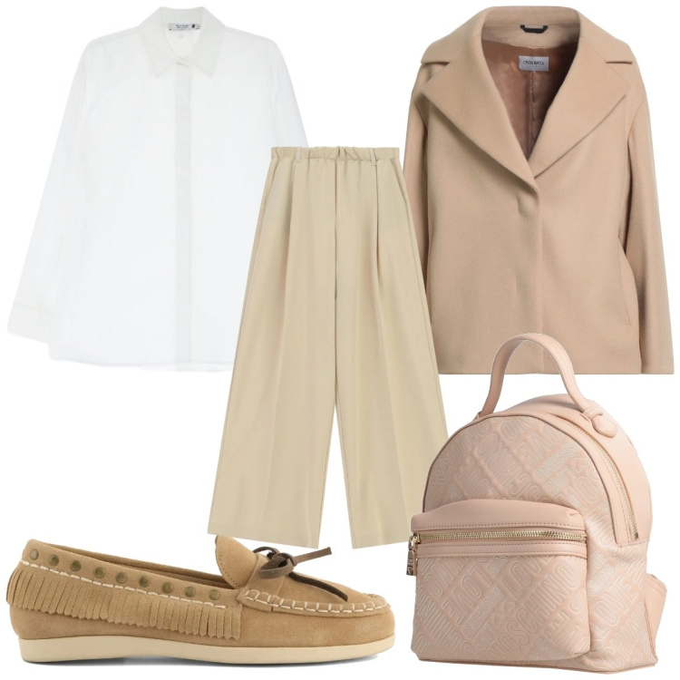 Outfit donna - Toni neutri luminosi- in ufficio. Stile Mannish per Ufficio. Abbinamento con zaini, cappotti, pantaloni a palazzo, camicie, mocassini.