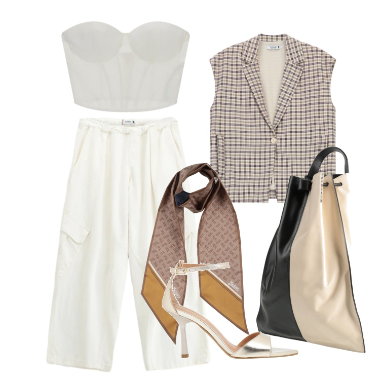Outfit donna - Maggio. Stile Trendy per Tutti i giorni. Abbinamento con sandali in pelle, sciarpe, zaini, top, gilet, pantaloni a palazzo.