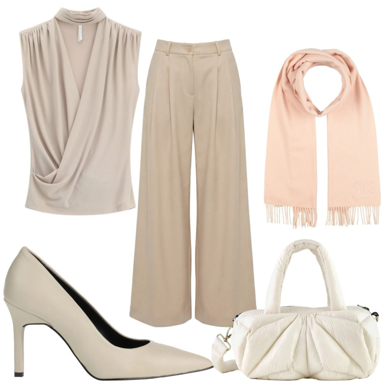 Outfit donna - Toni neutri luminosi. Stile Glamour per Tutti i giorni. Abbinamento con décolleté, sciarpe, top, pantaloni, borse a mano.